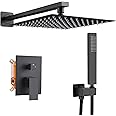 Black Shower Faucet Set Rain Shower System with 10 Inch Shower Head Combo Set Handheld Spray Matte Black Shower Fixtures Rough-In Valve Kit Trim Bathroom Complete Rainfall Shower Mixer Set