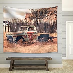 Antique Clunker Pickup Truck Abandoned Somewhere in Arizona. Vintage Transportation - Fabric Wall Tapestry Home Decor - 51x60 inches