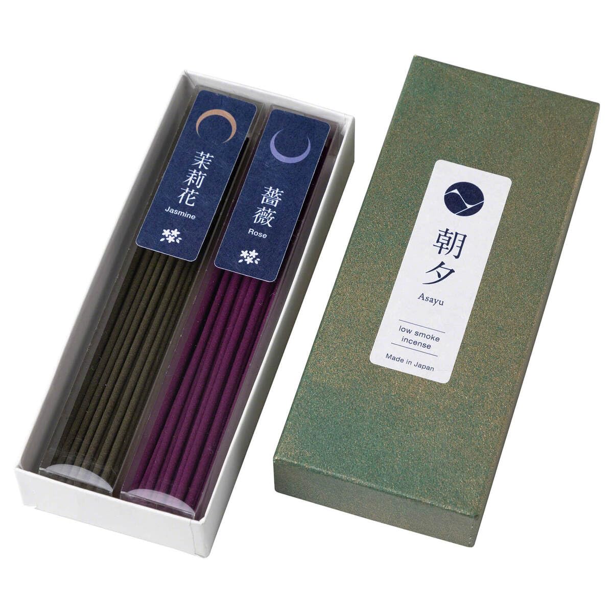 Asayu Japanese Low Smoke Incense Sticks Floral Fragance Set - Jasmine and Rose - ca. 40 sticks, 20g (2x) - Made in Japan - Quality Variety Pack for Relax