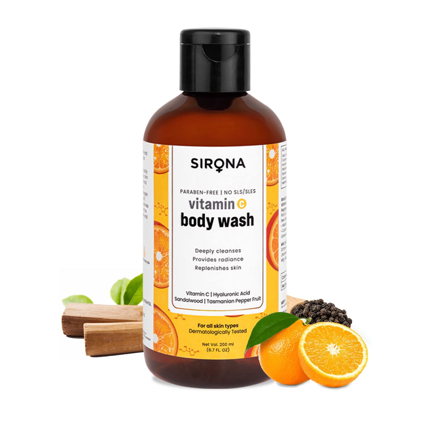 Sirona Natural Vitamin C Body Wash for Men & Women - 200 ml | Gel Based Shower Gel with Hyaluronic Acid, Sandalwood & Tasmanian Pepper Fruit | for Deeply Cleanses, Provides Radiance & Replenishes Skin