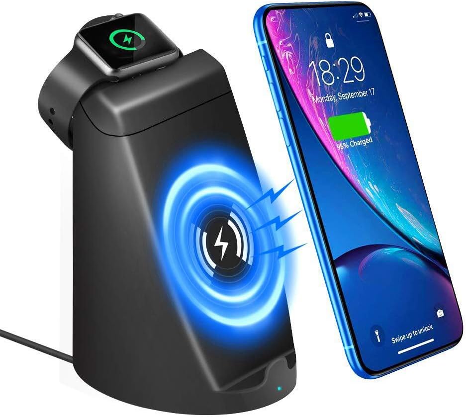 iCozzier 2 in 1 Dual Coil Fast 10W Wireless Charging Stand Station for iPhone Xs Max/XR/XS/X/8/8p, Galaxy S9/S9+/S8/S8+/Note 8/S7/S6 etc,Charger Holder for iWatch/Nike+,Sport/Edition(38mm & 42mm)