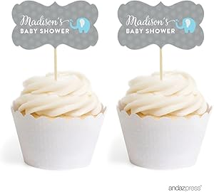 Andaz Press Personalized Birthday and Baby Shower Cupcake Toppers DIY Party Favors Kit, Boy Elephant, Double-Sided, 18-Pack, Custom Name