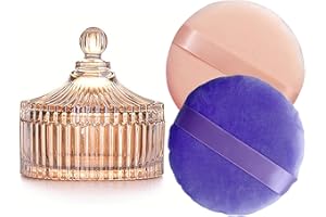 YILUSHENGHUA 2 Pack Extra Large 5.2" Beige & Purple Powder Puffs and 5.3" Glass Container – Oversized Soft Body & Face Large Powder Puff Dusting Powder Jar Holder Case(Amber Glass)