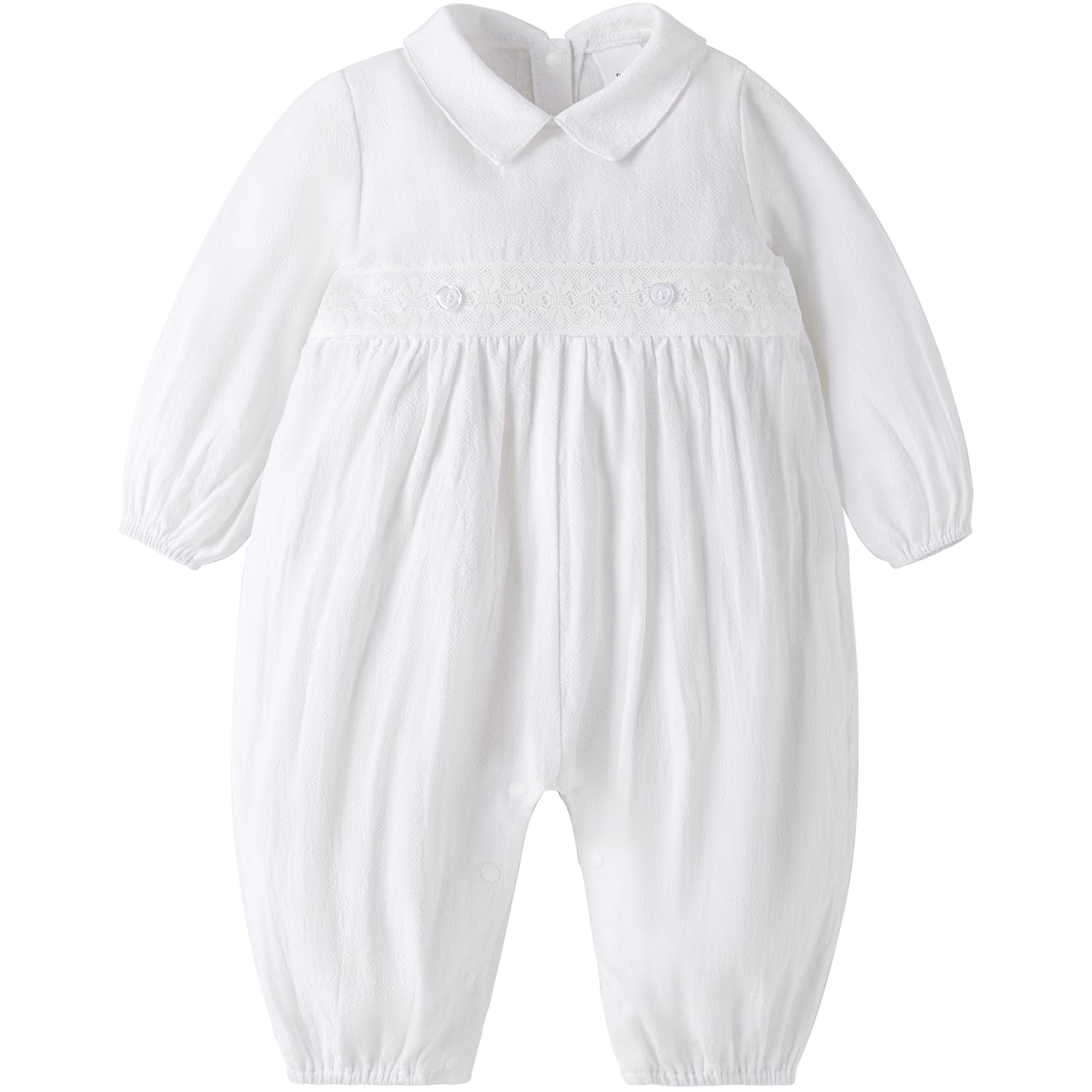Photo 1 of Booulfi Baptism Outfits for Boys, Baby Boy Easter Christening Outfit White Long Sleeve Baby Romper Collared Romper Linen Cotton Newborn Church Clothes 12-18 Months