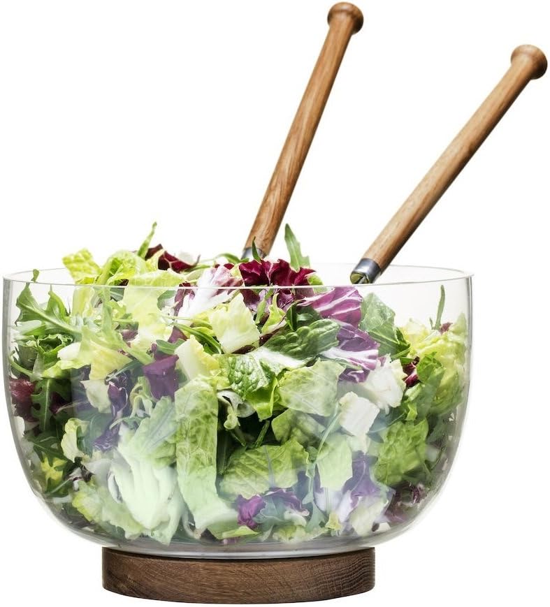 Sagaform Oval Oak Salad Bowl with Set of 2 Oval Oak Salad Servers - Large Diameter 22cm