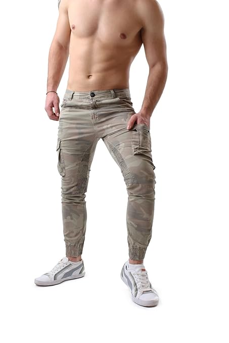title=Pantaloni uomo cargo jeans mimetici militari primavera estate polsino e tasche