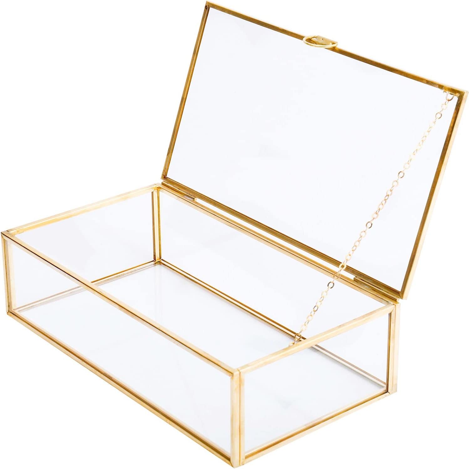 Levilan Golden Vintage Glass Lidded Box Edge Bracelet Keepsake Decorative Jewelry Display Personalized Large Clear Rectangle Box Rings Bracelet Golden Organizer Home Decor (8x4.5x2in)