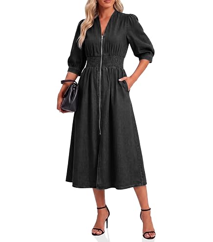 CIMUK Women's Ruffle 3/4 Sleeve Midi Denim Dress Blue