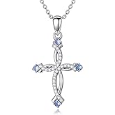 RYNSITO Birthstone or Turquoise Cross Necklace for Men & Women Sterling Silver 925 Dainty Simple Christian Jewelry Gift for Him Her