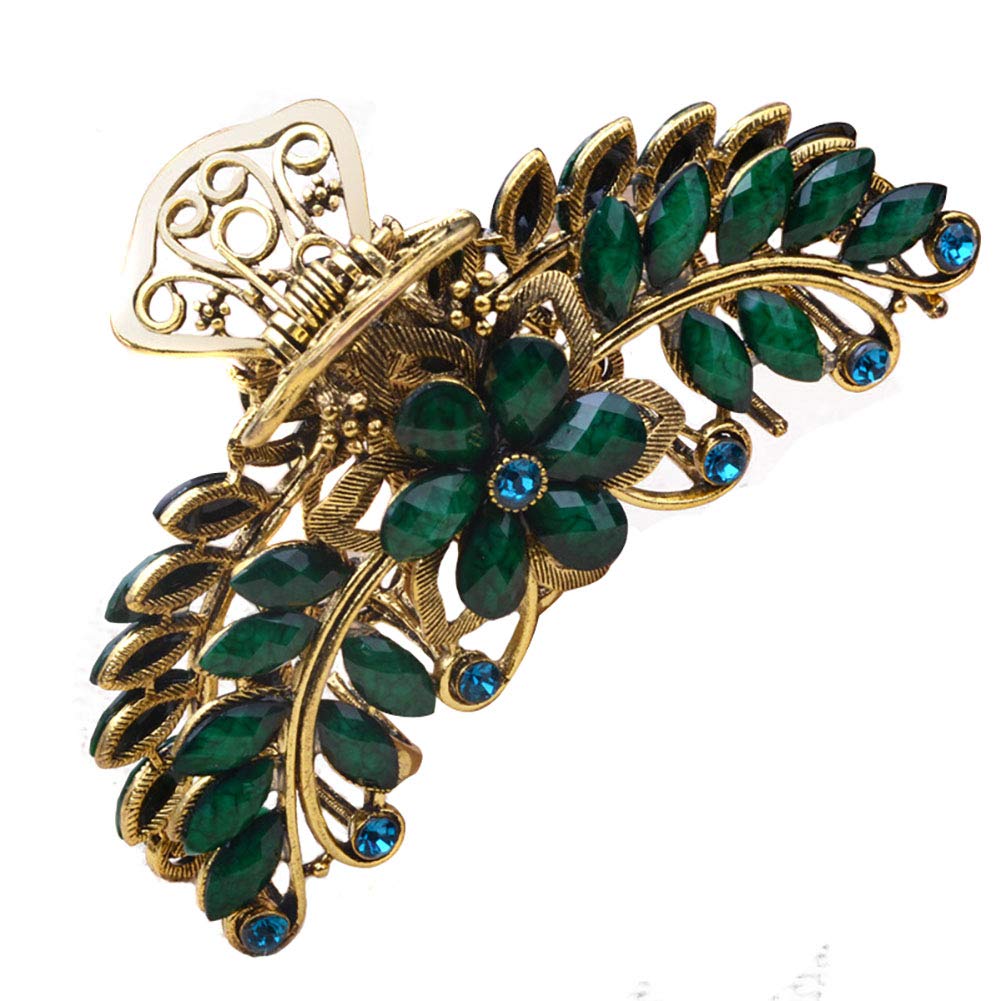 Women Lady Retro Flowers Alloy No-Slip Hair Claw Clip Hair Clamp Large Rhinestone Hair Grip Hair Pin Jaw Clip (Green)