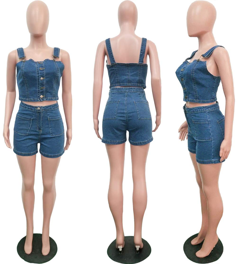 Women\'s Two Piece Outfit - Sexy Spaghetti Straps Denim Tank Crop Top Bodycon Jean Short Pants Set Blue XL