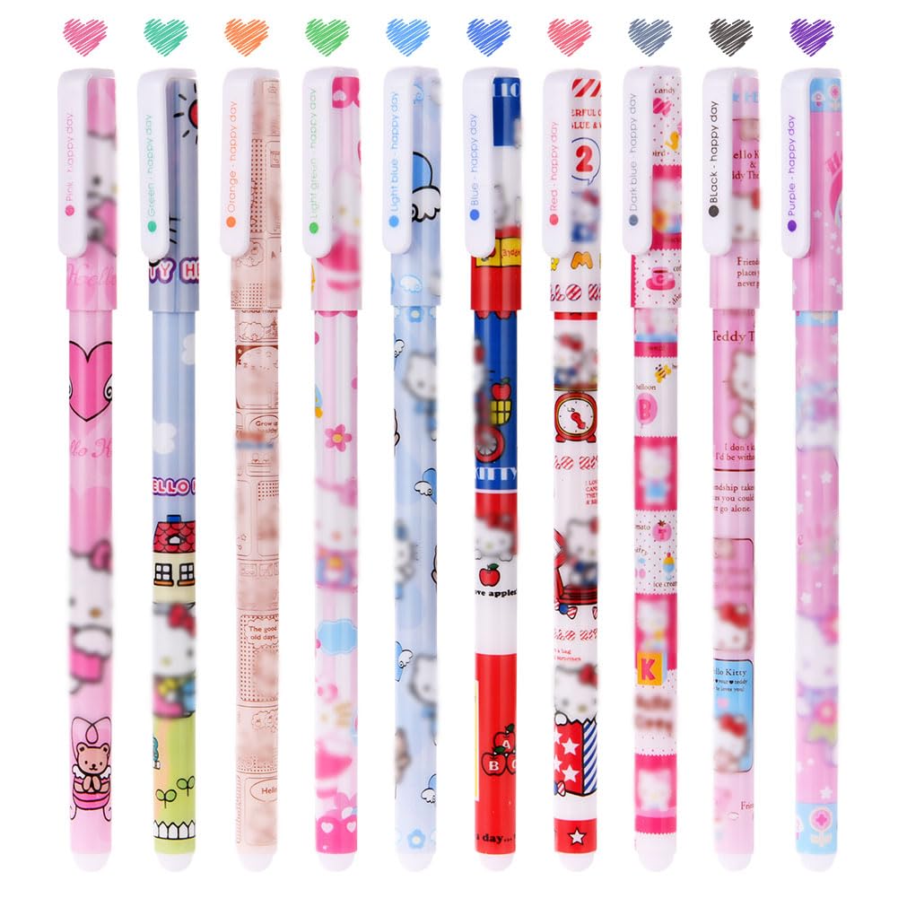 OFFCUP Cute Colour Pens, 10pcs Hello Kitty Gel Pens, 0.38mm Roller Ball Pen Colourful Gel Ink Pen for Kids Girls Boys Children Students Teens Office Gifts Fine Point