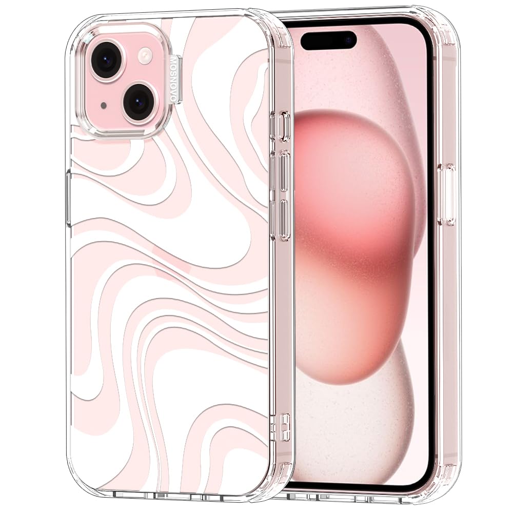 MOSNOVO Case for iPhone 15, [Buffertech 6.6ft Military-Grade Drop Protection] [Anti Peel Off Tech] Clear TPU Bumper Phone Case Cover Design - White Swirl — image 1