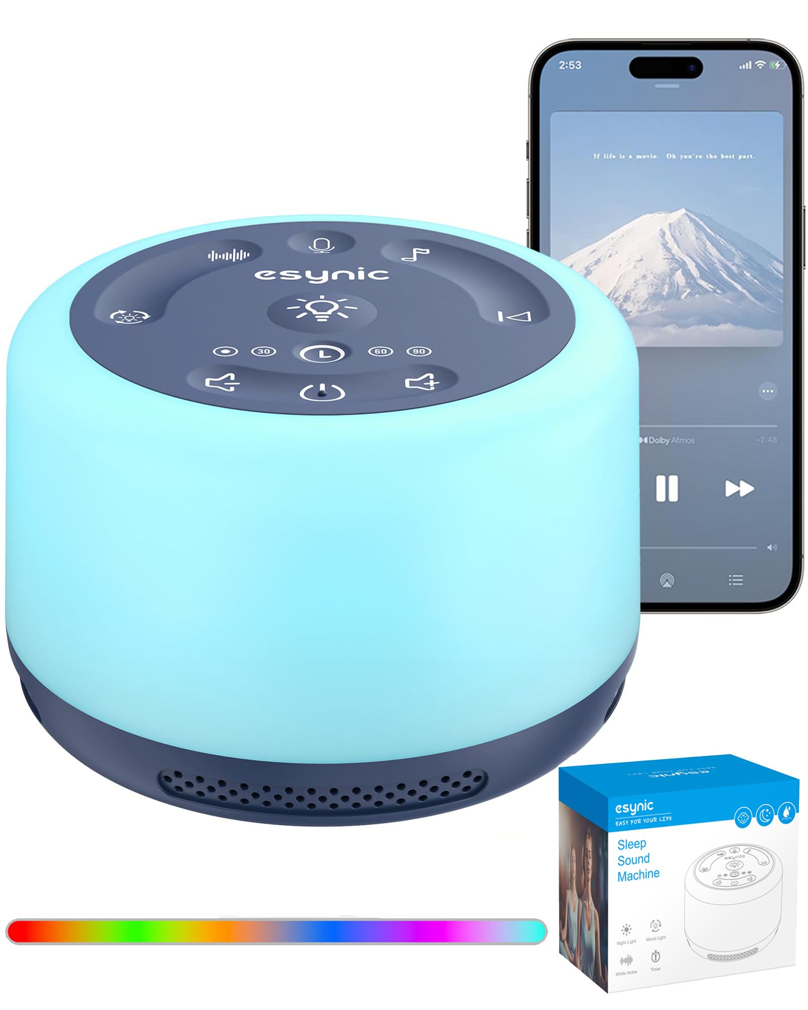 eSynic Upgraded Version White Noise Machine for Baby Rechargeable Sleep Sound Machine Support 7 Night Lights/30 Sounds/Recording Function/Backlit Buttons/Bluetooth/for Deep Restful Sleep