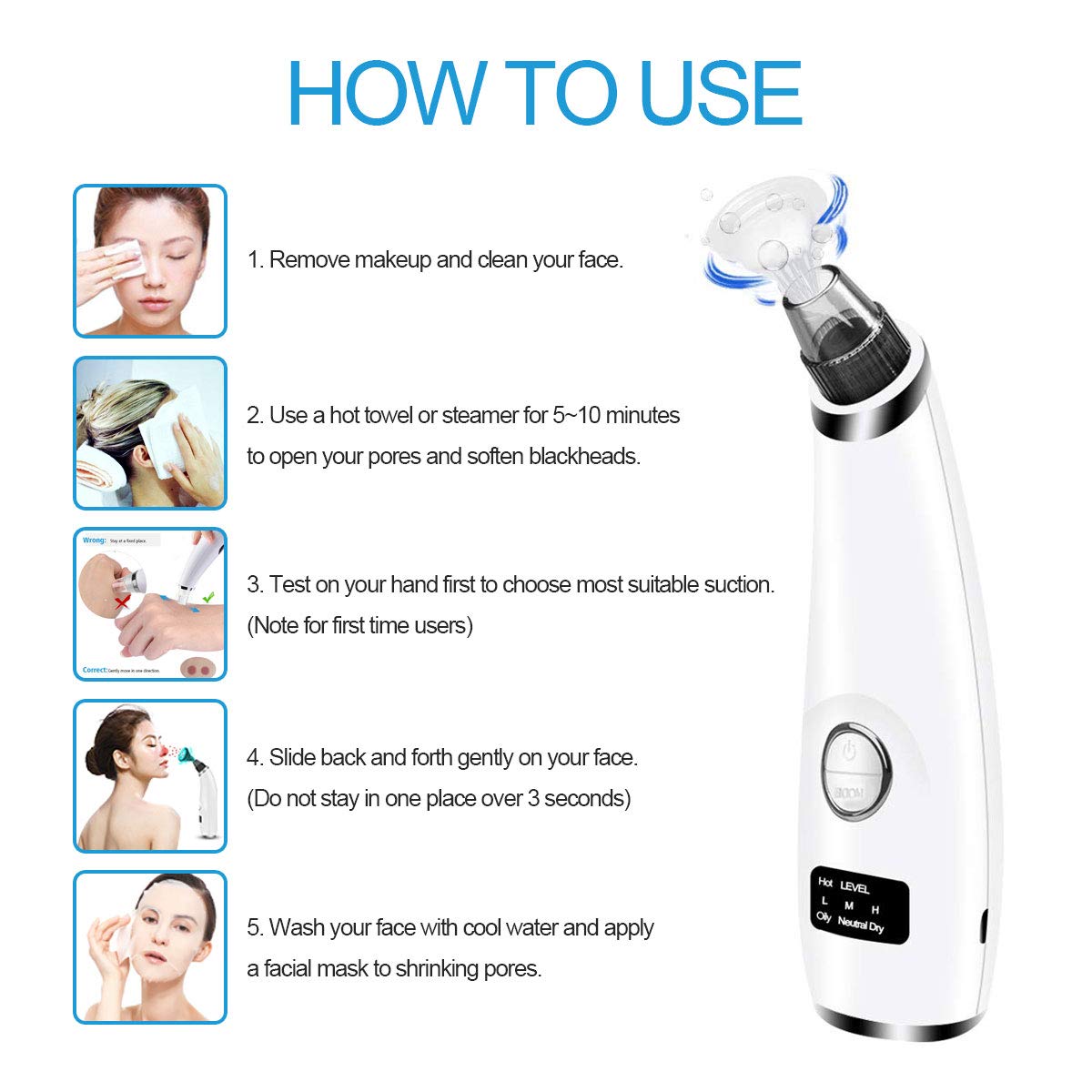Blackhead Remover Vacuum - Ralthy Electric Blackhead Removal Tools Pore Cleaner Extractor Fast USB Rechargeable Pore Vacuum Including 4 Patterns and 5 Suction Probes for Women and Men [Hot Compress]: Beauty