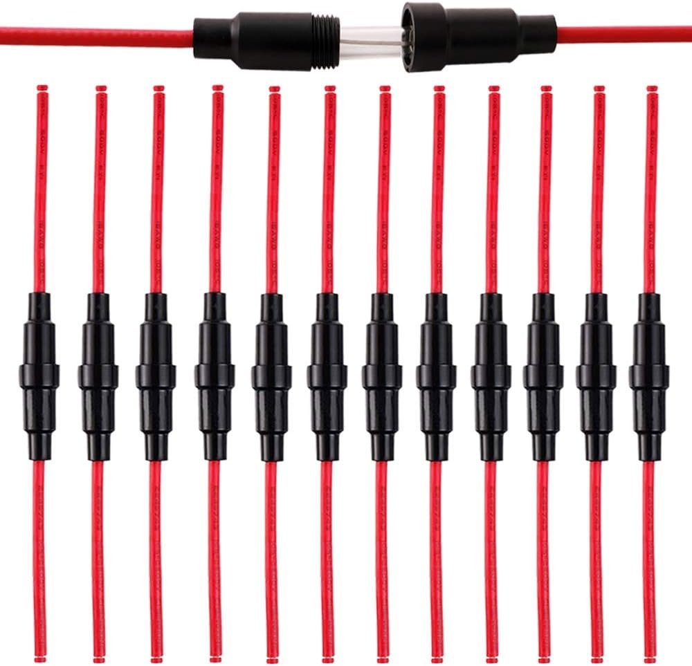 QitinDasen 12Pcs Professional 6 X 30mm AGC Glass Tube Fuse Holder Inline Screw Type Cap, 32V 20A Fuse Box with 16 AWG Wire