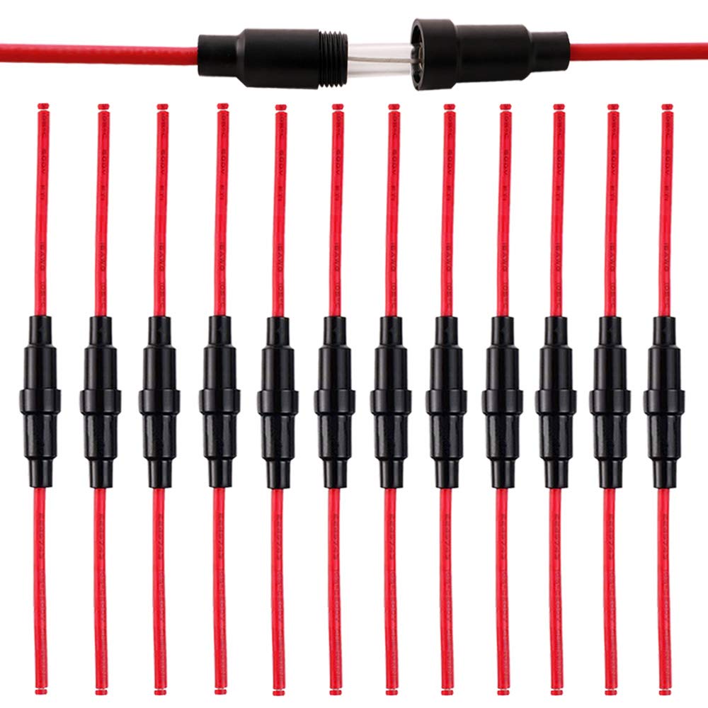 QitinDasen 12Pcs Professional 6 X 30mm AGC Glass Tube Fuse Holder Inline Screw Type Cap, 32V 20A Fuse Box with 16 AWG Wire, for Fast-Blow Glass Tube Fuses (Black)