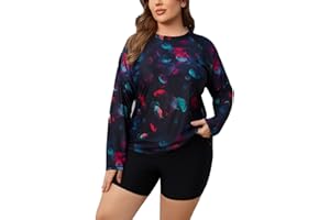 Halcurt Women's Built in Bra Long Sleeve Rash Guard Plus Size 2 Piece Swimsuit Shirt and Shorts