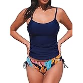 CUPSHE Women's Tankini Sets Two Piece Swimsuit Scoop Neck Ruched Adjustable Straps Drawstring Mid Rise