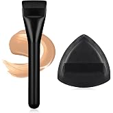 Flat Foundation Brush with Puff, Beautyfactor Ultral Thin Spatula Makeup Brush with Sponge for Liquid Makeup | Fast Flawless Korean Kabuki Brushes for Blending, Liquid, Cream, Blush, Buffing（Black）