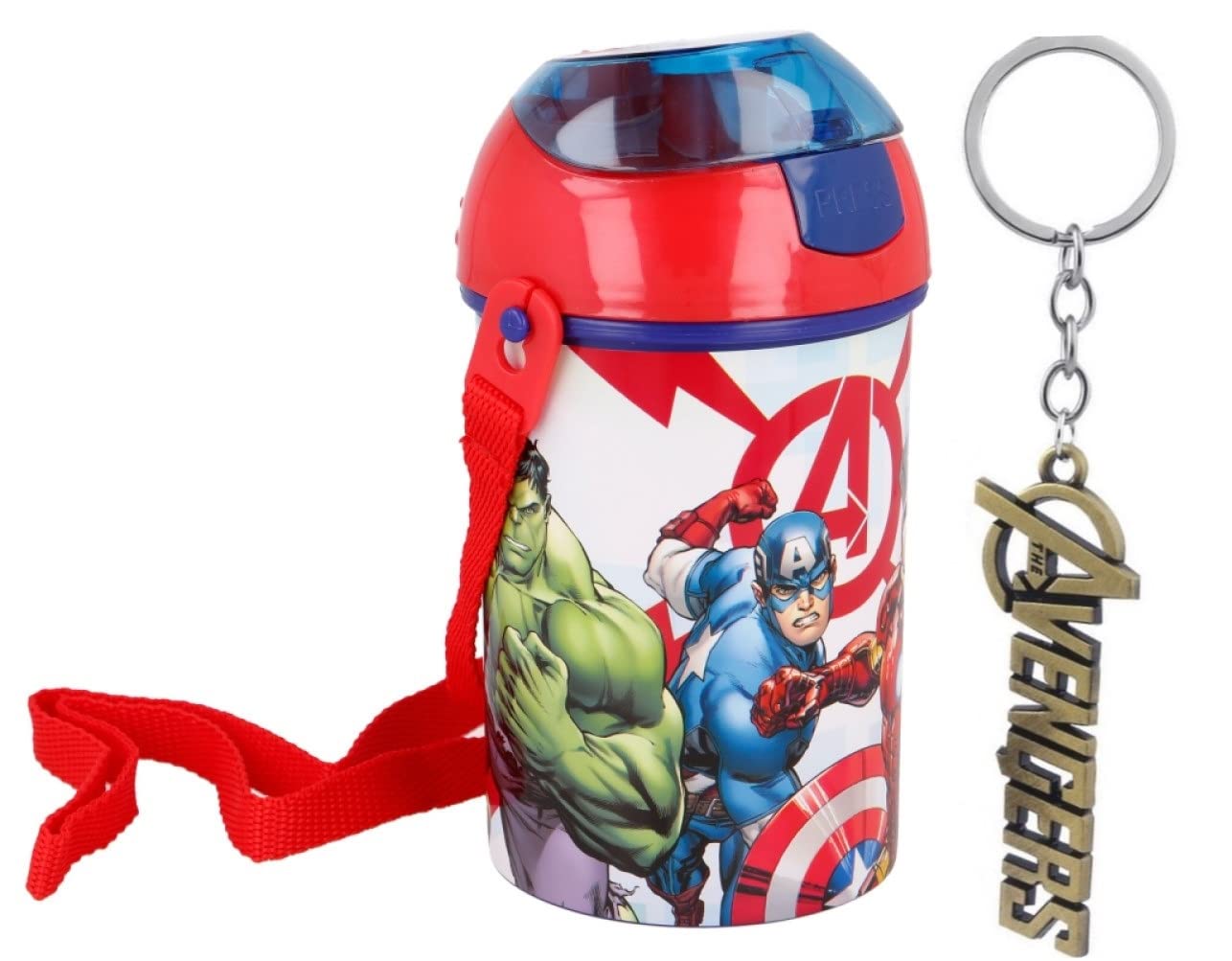 Avengers Pop Up Water Bottle Drink Bottle Flask with Neck Cord for Easy Carry School Lunch Kids Childrens 450ml Includes Avengers Keychain