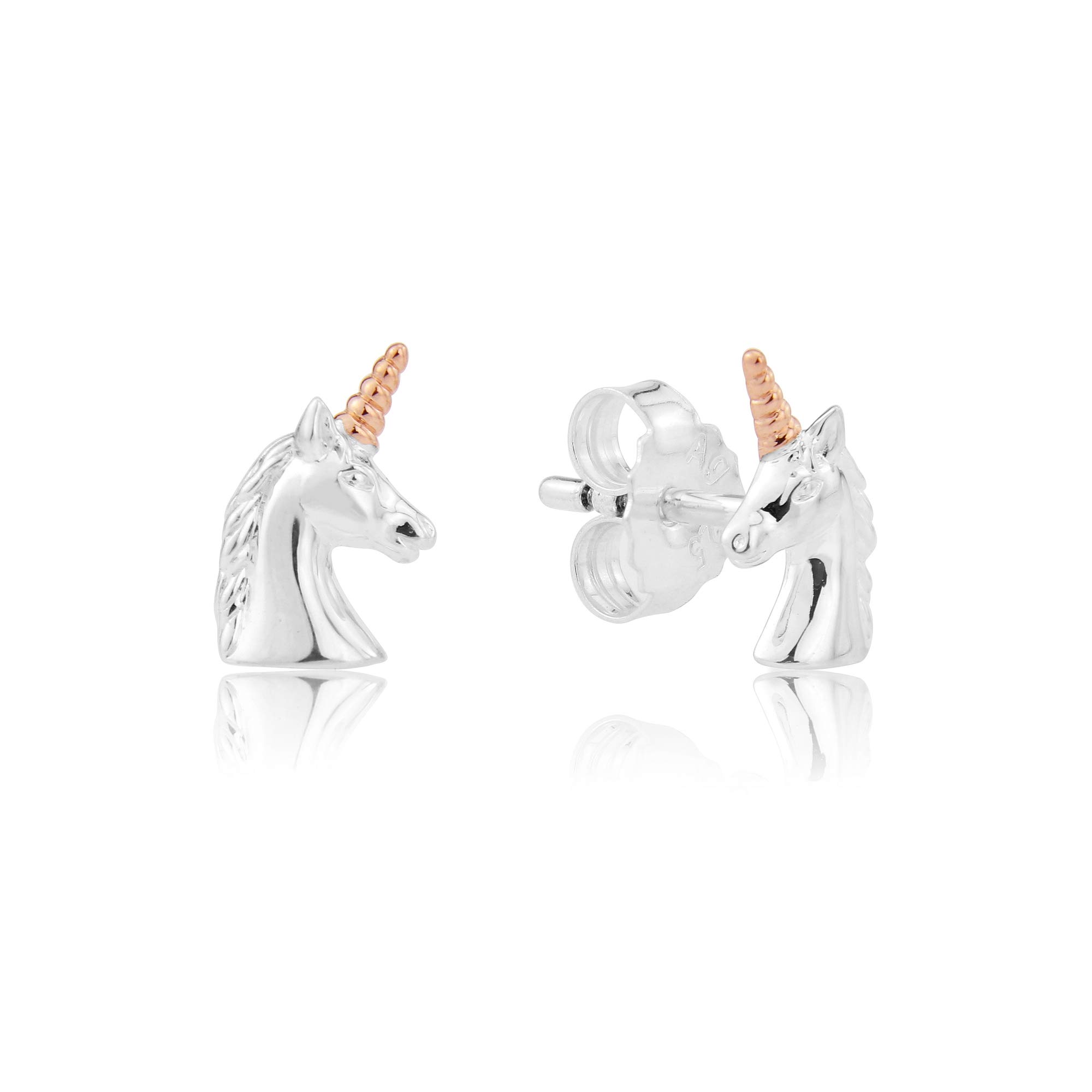 Gemma J Sterling Silver Unicorn Stud Earrings with Rose Gold Detail