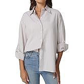 QINSEN Oversized Button Down Shirts for Women Long Sleeve Striped Casual Blouse Cotton Tops