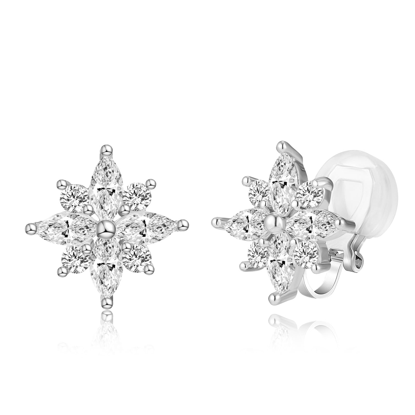 QUKE Woman Flower Shape Cubic Zirconia Crystal Snowflake Clip On Earrings CZ Not Pierced Jewelry