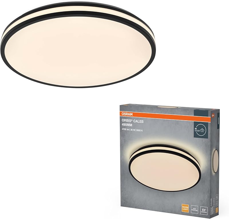 ORBIS Caleb LED 490mm para teto de teto, 36W, 3000K branco quente, Preto, Metal com anel de plástico, IP20