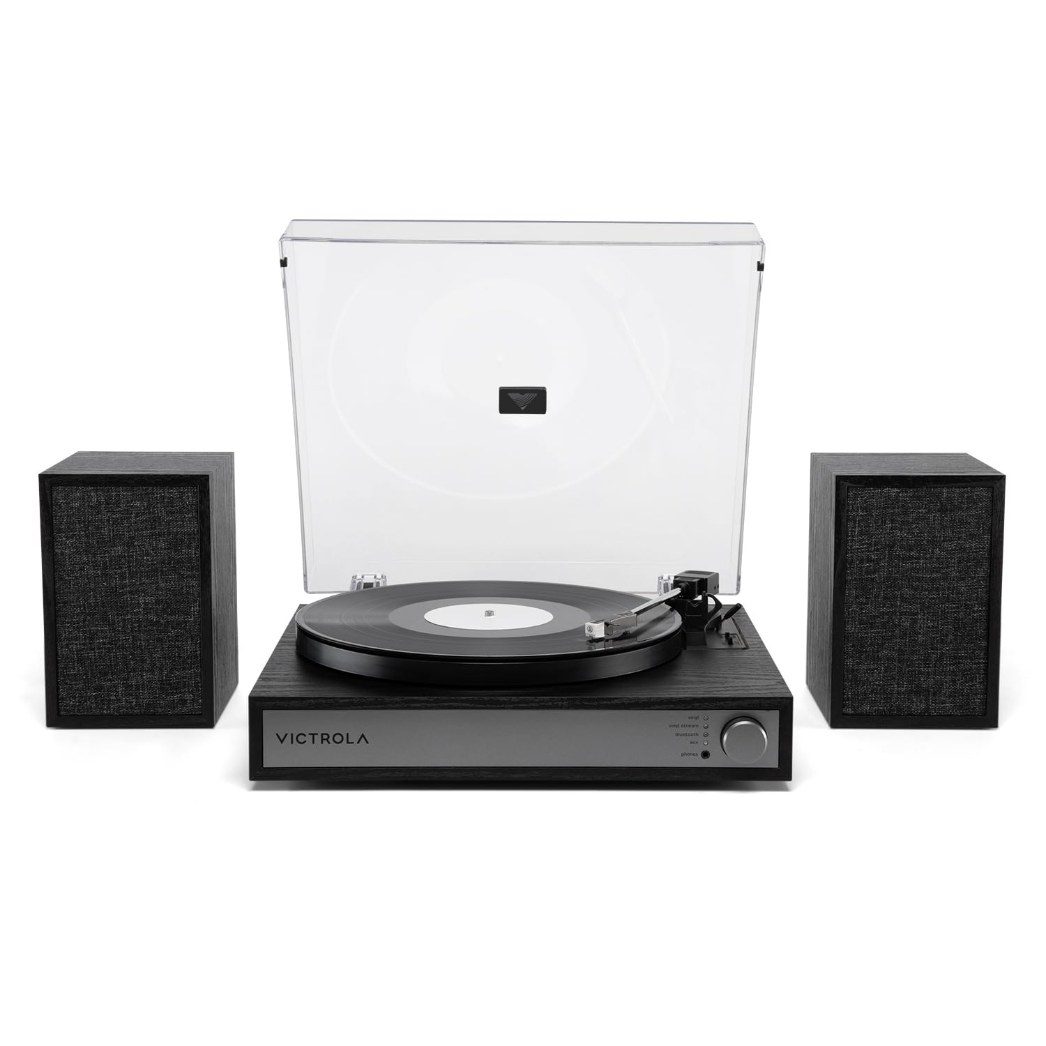 Victrola Harmony – Bluetooth Turntable System– 3-Speed Vinyl Record Player, Stereo Bookshelf Speakers, Mid-Century Modern Design, Audio Technica ATN3600L, Bluetooth Input and Output (Black)