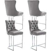 Grey Velvet Counter Height Bar Stools Set of 4, Upholstered Island Chairs | Modern upholstered island stools; 25" seat height; chrome metal legs; padded seat; tufted back; kitchen island, breakfast