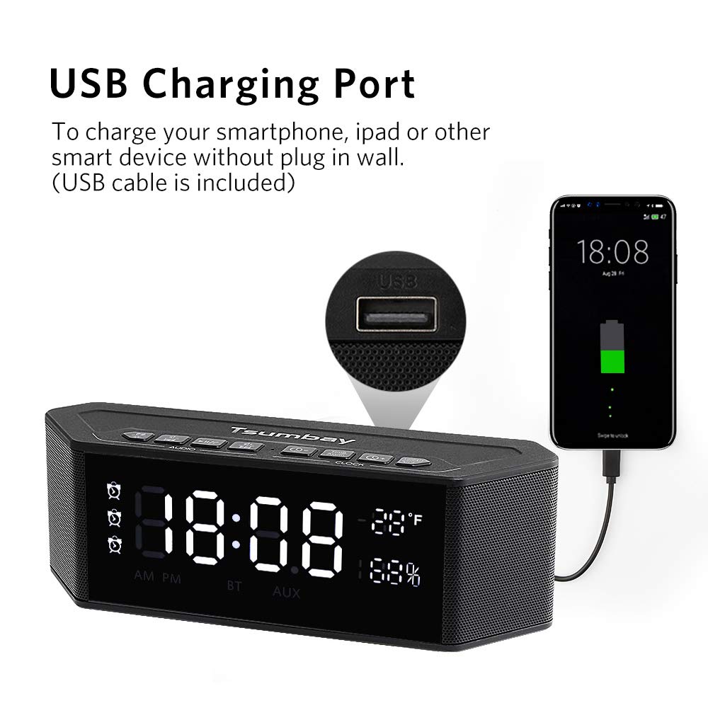 Bedside Alarm Clock Bluetooth Speaker for Bedroom, 3 Alarm Sets with