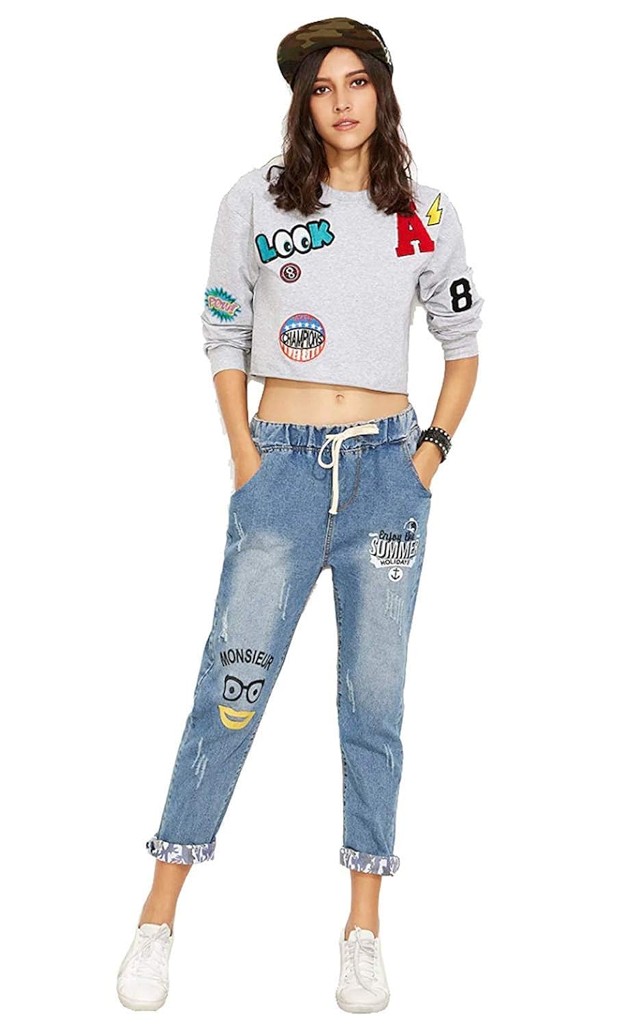 ripped cuffed offset printing jeans