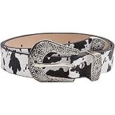 BEAUDRM Women's Cow Print Buckle Belt Western Leather Belt Cowgirl Waist Belts
