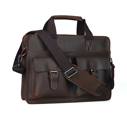 Tiding Mens Brown Genuine Leather Office Briefcase Ipad Holder Bag
