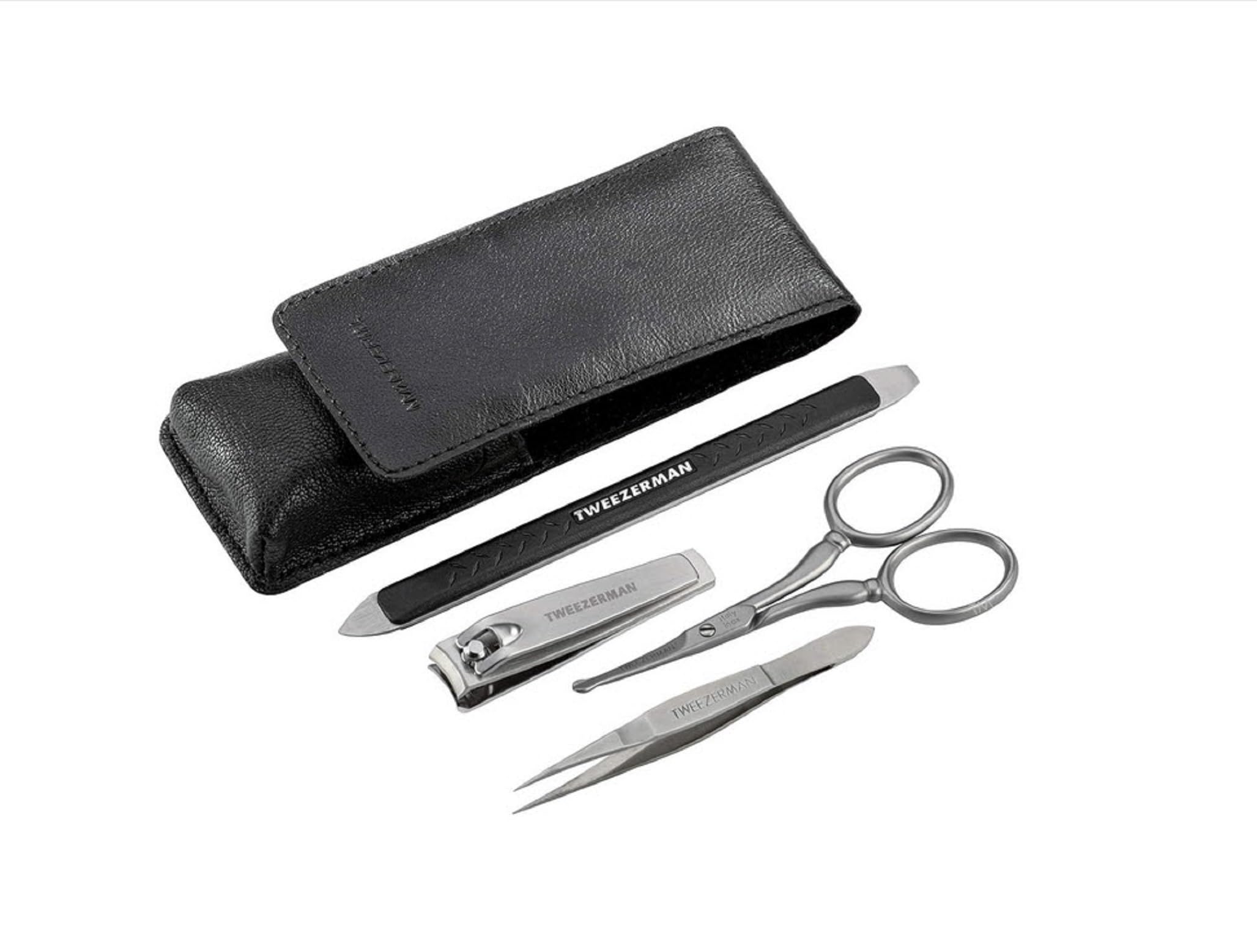 Tweezerman G.E.A.R For Men Essential Grooming Kit, Includes Mini Point Tweezers, Nail Clippers, Nail File, Facial Hair Mini Scissors, & Black Travel Case, (Set of 5)