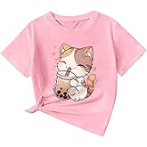KEEVICI Cute Cat Shirts for Girls Graphic Tees Bubble Tea Tshirt Kids Kawaii Cartoon Animal Print T Shirt Summer Cotton Tops