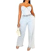 DMTTL Women's Sexy Denim Outfits Off Shoulder Sleeveless Tops and Elastic High Waist Wide Leg Jeans Sets
