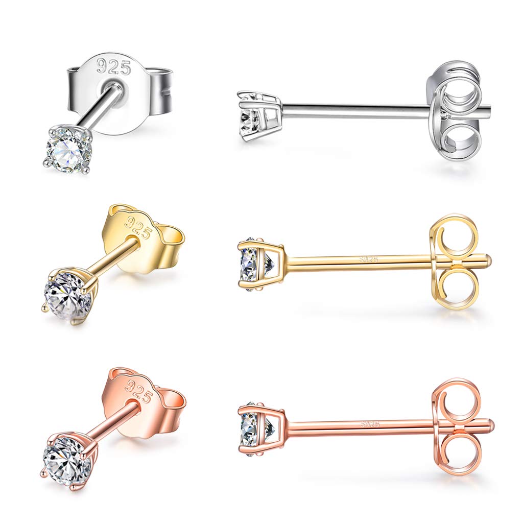 CERSLIMO Silver Stud Earrings for Women Men Girls, 3 Pairs Sterling Silver Tiny Cubic Zirconia Stud Earrings Small Dainty Cartilage Tragus Sleeper Earrings Set (3mm, Silver/Gold/Rose Gold)