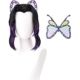 SL Kochou Shinobu Cosplay Wig + Butterfly Hair Clip for DS, Long Black Purple Wig Anime Hair Wigs with Cap for Halloween Costume Party