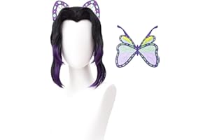 WIGGY MERMAID SL Kochou Shinobu Cosplay Wig + Butterfly Hair Clip for DS, Long Black Purple Wig Anime Hair Wigs with Cap for Halloween Costume Party