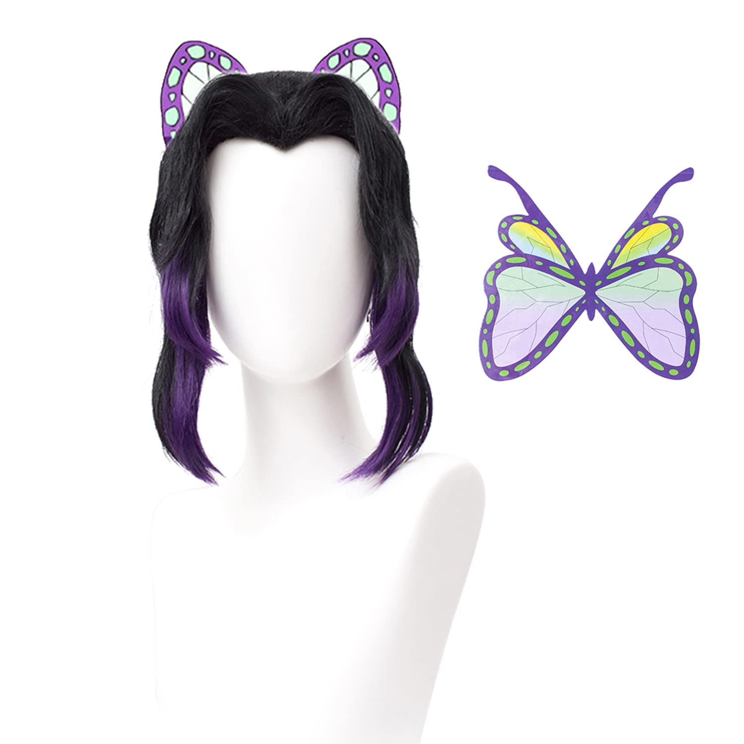 Photo 1 of SL Kochou Shinobu Cosplay Wig + Butterfly Hair Clip for DS, Long Black Purple Wig Anime Hair Wigs with Cap for Halloween Costume Party
