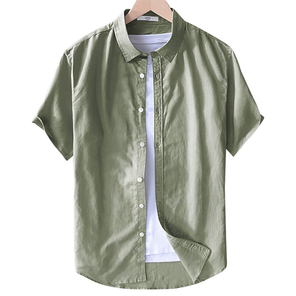 Ahonmen 綿麻シャツ 半袖 メンズ リネンシャツ 綿麻窮屈感ゼロ カジュアルシャツ フィット感 開襟シャツ 通気快適 おしゃれ シンプル 無地 通勤/学シャツ 5色・M-4L（アーミーグリーン Ｍ）