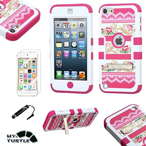 MyTurtle Shockproof Hybrid 3-Layer Hard Silicone Shell Cover with Stylus Pen and Screen Protector for iPod Touch 5th 6th Generation, Pink Damask Flower