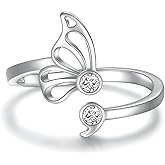 MANBU Sterling Silver Butterfly Semicolon Ring - Encouragement Butterfly Adjustable Wrap Ring with CZ Inspirational Jewelry Gift for Women