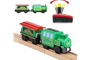 HANQIANN Battery Operated Locomotive Train Set for Wooden Train Tracks,Powerful Engine Train Vehicles Train Electric Remote Control Cars with Light&Sound Train Toy Gift for Kids Toddler