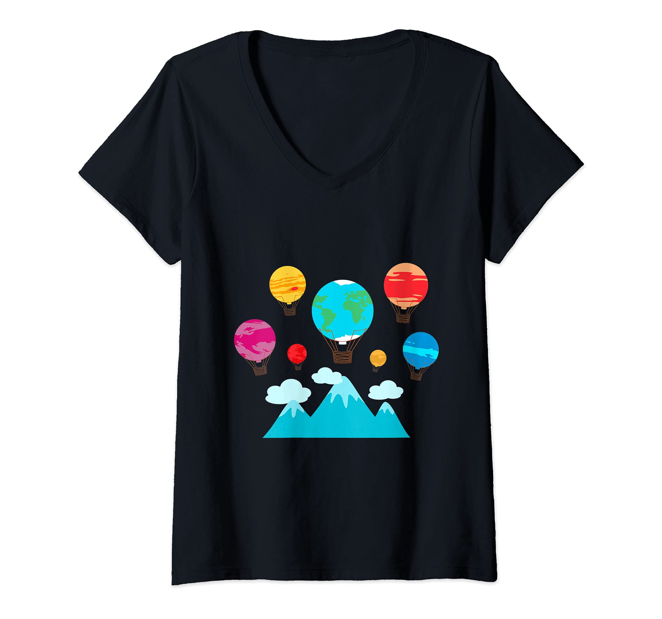 Womens Hot Air Balloon Planet Galaxy Classic Space Travel V-Neck T-Shirt