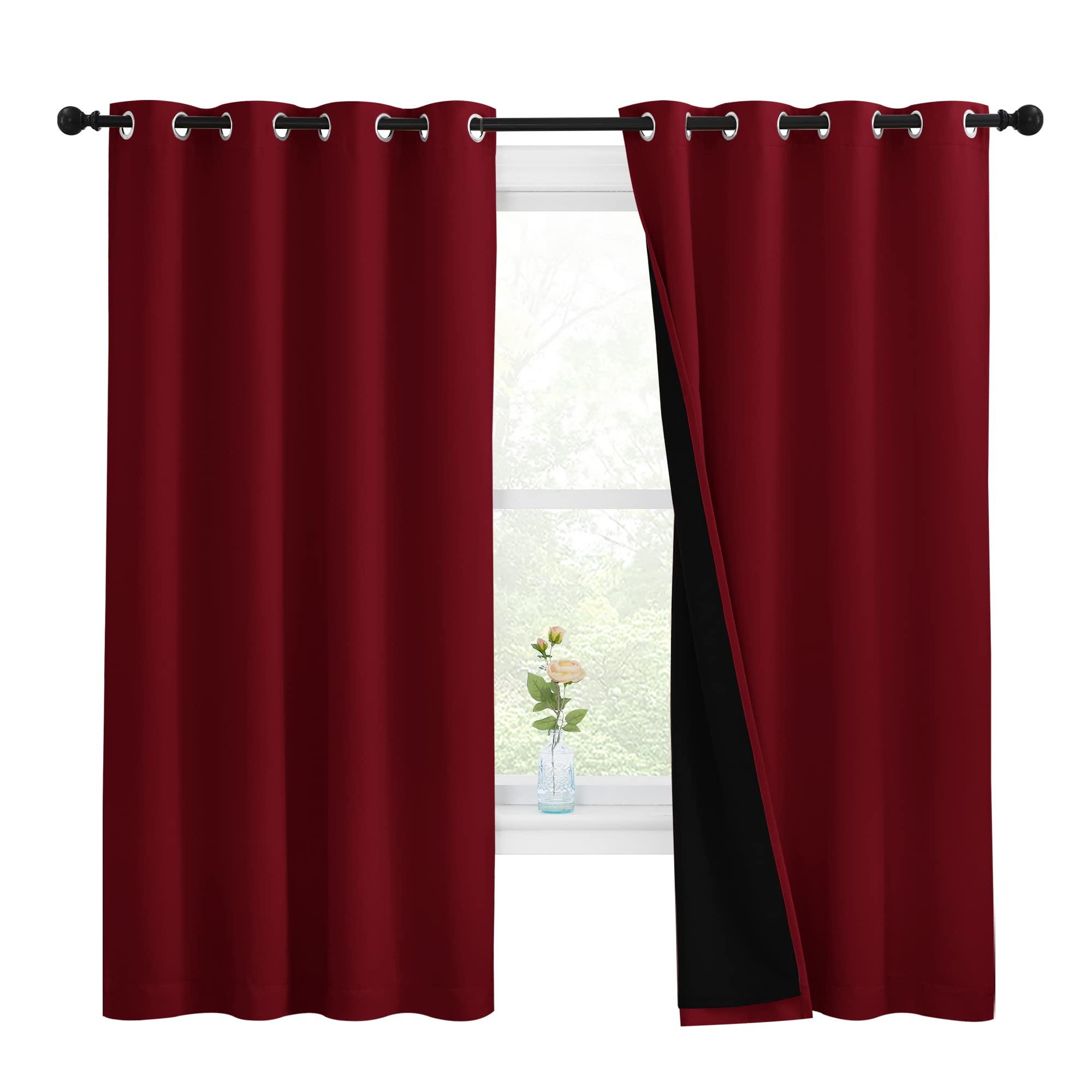 NICETOWN 100% Blackout Cold Blocking Curtain Panels, Thermal Insulated Curtains, Noise Reducing Drapes for Thanksgiving Day Window Decor (Set of 2, Burgundy Red, 55 inches Wide by 68 inches Long) Image