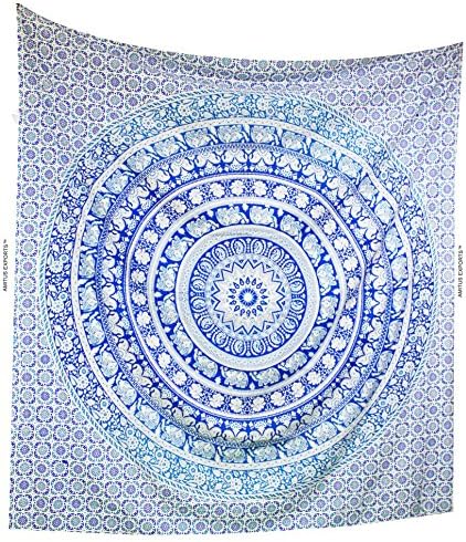 Amitus Exports(TM) Premium Quality 1 X Round Dome Elephant Ombre 90"x80"(Approx.) Inches Sky Blue Color Queen Size Cotton Fabric Tapestry Hippy Indian Mandala Throws (Handmade In India)