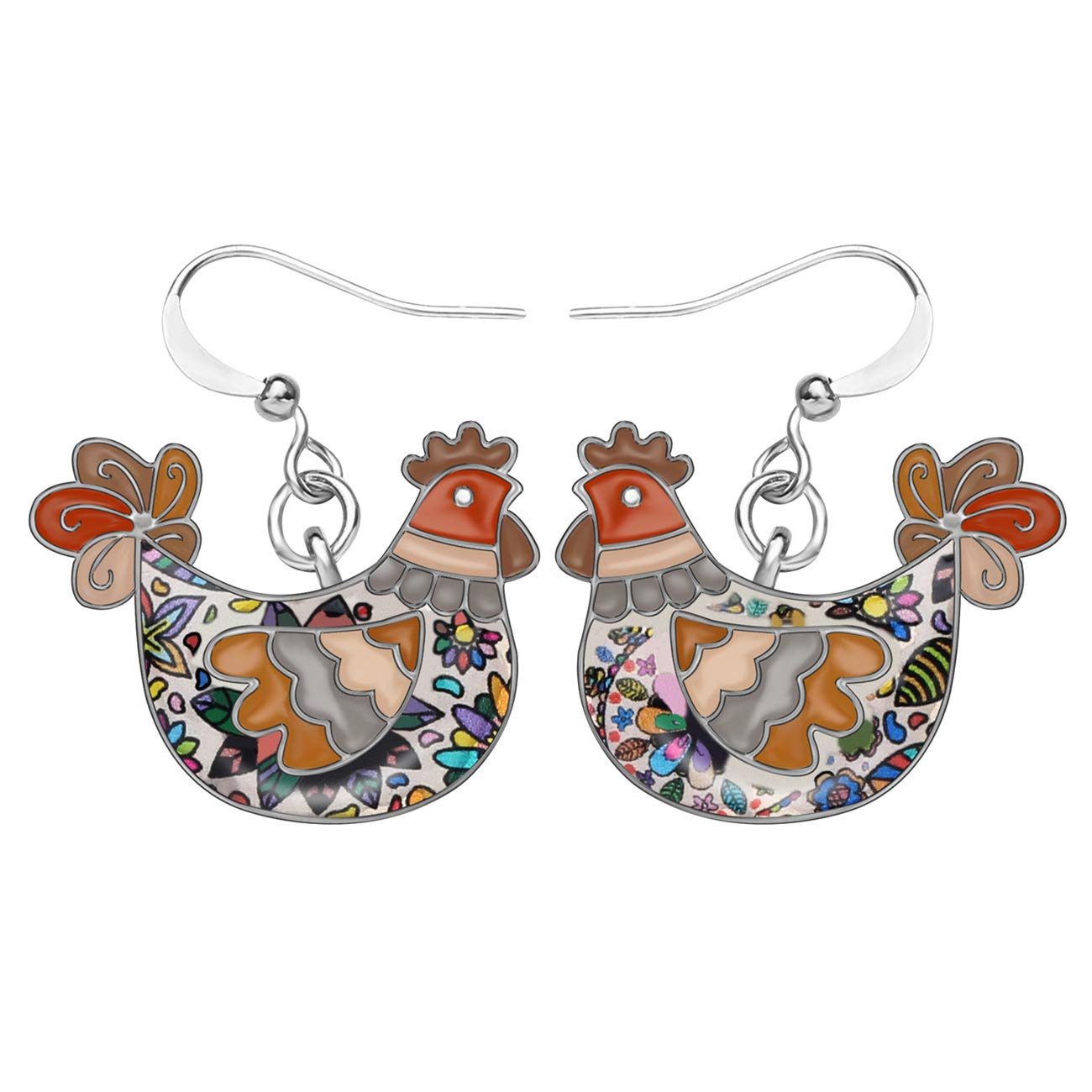 Enamel Alloy Cartoon Hen Chicken Earrings Drop Dangle Cute Farm Jewelry For Women Girls Charm Gift (Brown)